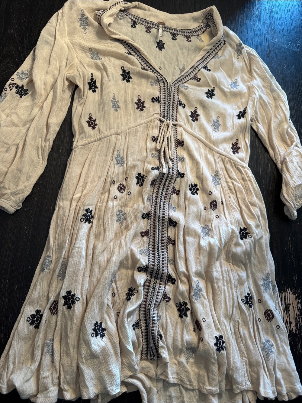 Free People Cream Midi Dress with Black & Gray Embroidery
